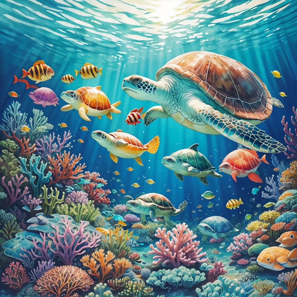 seaturtle underwater watercolor painting, very colorful, very vibrant, happy vibes