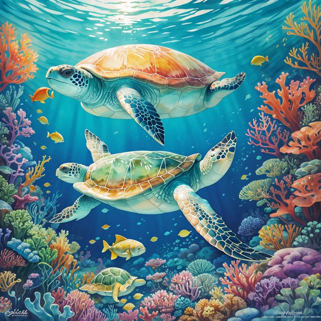 seaturtle underwater watercolor painting, very colorful, very vibrant, happy vibes