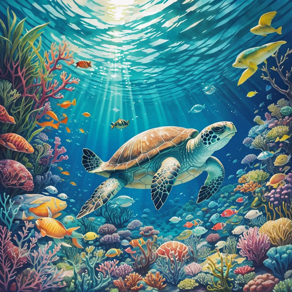 seaturtle underwater watercolor painting, very colorful, very vibrant, happy vibes