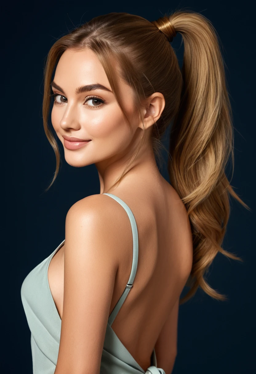 celebrity portrait of a beautiful woman with long light brown hair, wearing a backless outfit, looking over her shoulder at the camera, posted on snapchat, casual flirty smile, wearing her hair in a pony tail --ar 1:2 --stylize 750