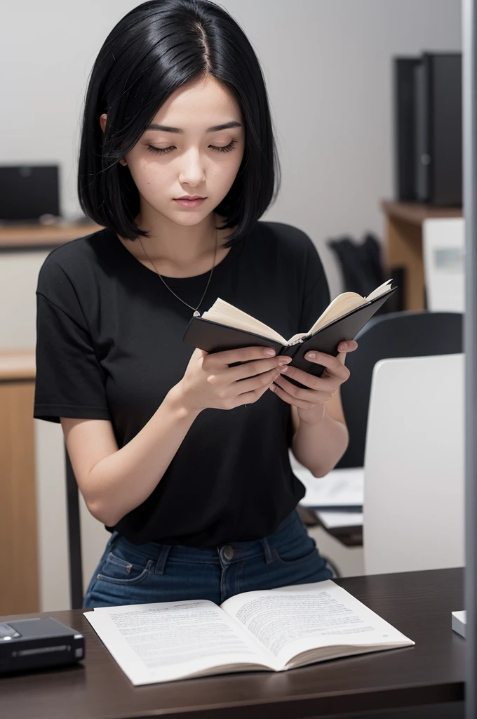 Woman with straight black hair studying for a test