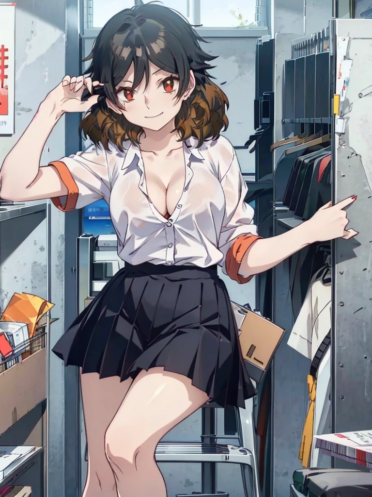 kuwanamaki, black hair with brown highlights, red eyes, white shirt, short pleated skirt, cleavage, (leaning forward), teasing grin,