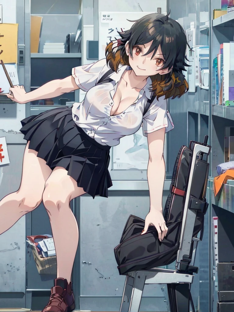 kuwanamaki, black hair with brown highlights, red eyes, white shirt, short pleated skirt, cleavage, (leaning forward), teasing grin,