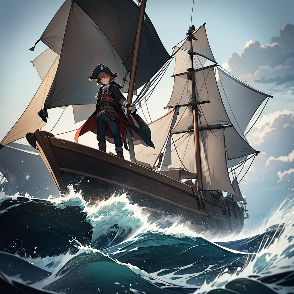 A pirate, dressed in typical pirate costumes, is standing on the bow of a ship, holding the handrail with both hands. His face shows an expression of fear, his eyes wide as he looks out at the choppy sea. Messy hair flies in the wind, and large waves form around the ship. In the sky, dark clouds gather, suggesting an imminent storm, I want the background to be completely white, only the character appears