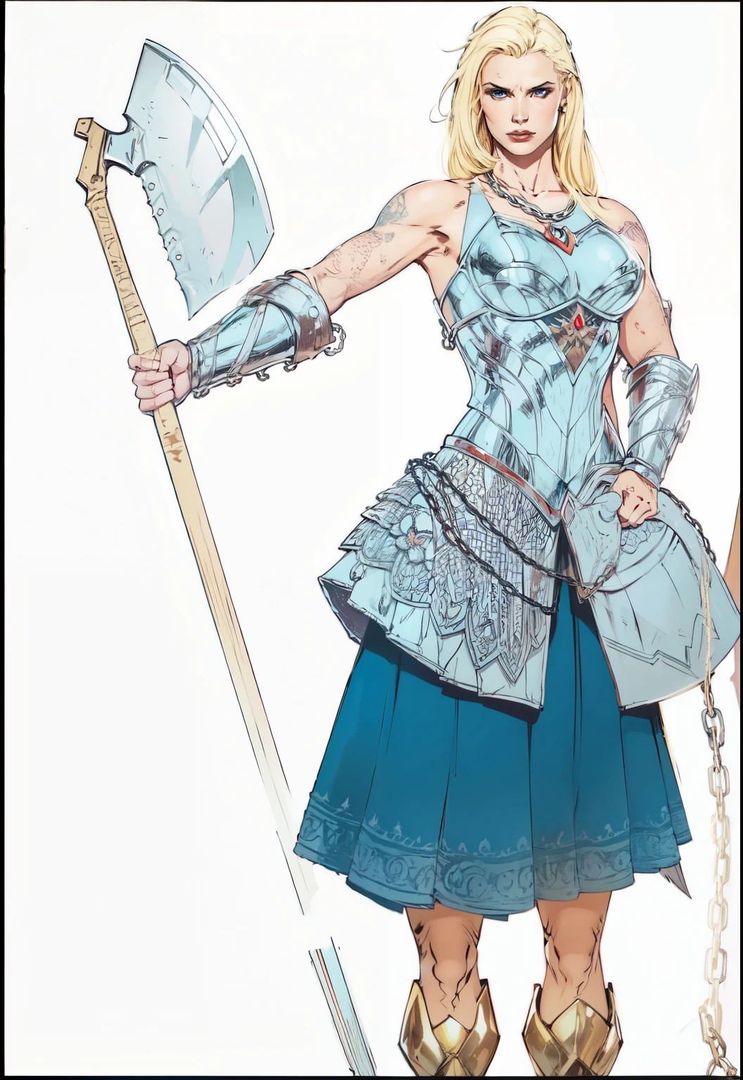 WOMAN WARIROR WITH A GREAT AXE WEARING CHAIN ARMOR BLOND HAIR SLAVIC TATOOA ON ARMS