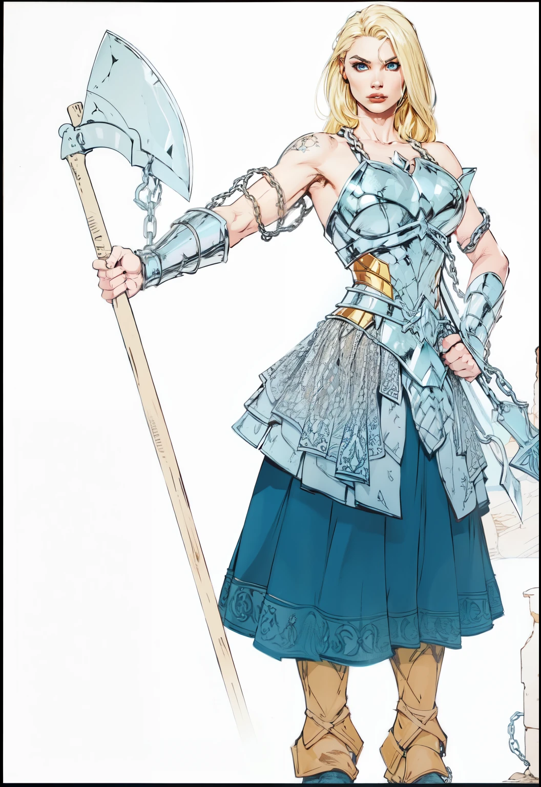 WOMAN WARIROR WITH A GREAT AXE WEARING CHAIN ARMOR BLOND HAIR SLAVIC TATOOA ON ARMS