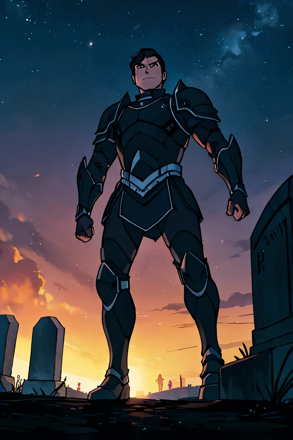 a man, short black hair, wearing a black half-plate armor, black leg armor, Inside the cemetery, rises to their feet determined, night sky background