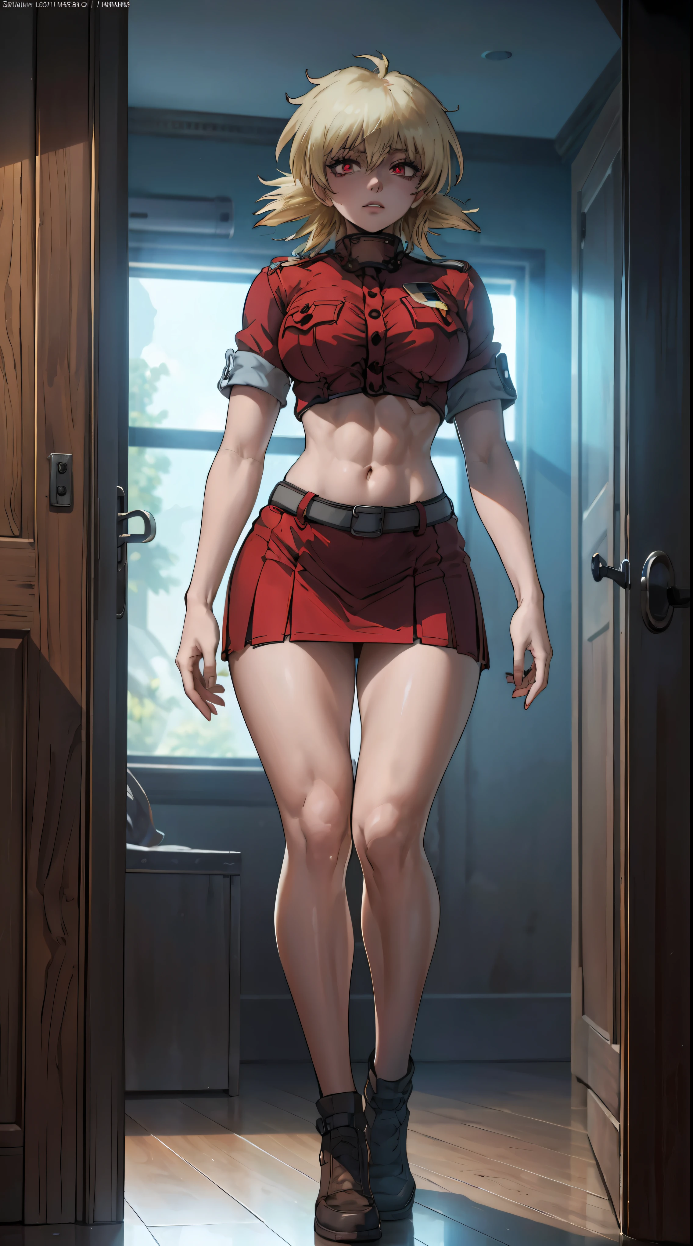 ((((((full body , full shot))))) ((dynamic pose)) (masterpiece, highest quality,red eyes, vampire fans, best quality, official art, beautiful and aesthetic: 1.2), (1girl), extremely detailed, (fractal art: 1.3), highest detail, HDR, ), vivid visual effects, (dynamic stripes, luminous traces: 1.2), abs, muscular, Face out of shot, Detailed face, Detailed eyes, perfect face, perfect eyes, seras, skirt, exposed thighs