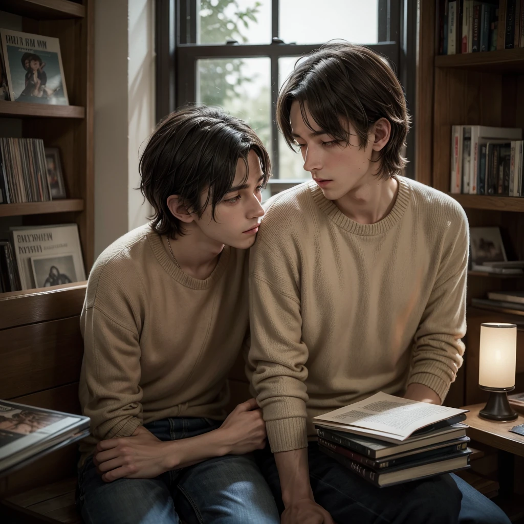 Description of the cover:
- The cover is dominated by soft and nostalgic tones, suggesting an atmosphere of romance and introspection.
- Not center, there is a stylized illustration of a young couple, Lance e Keith, sitting together on a wooden bench inside a vinyl record store. Lance, with slightly disheveled brown hair, is holding a vinyl with an artistic cover. Keith, with dark hair and intense eyes, holds an old book in his hands.
- Around them, shelves full of old vinyls and a window in the background, through which a soft light enters that illuminates the scene at dusk.
- The title "Between Notes and Feelings" is written in elegant and subtle letters, perhaps with a typographic style reminiscent of music and literature.
- Cover conveys a sense of emotional connection and mutual discovery, reflecting the characters' journey of love and self-discovery.
This description visualizes the cover of the fanfic, highlighting key elements of the story and the atmosphere it evokes.