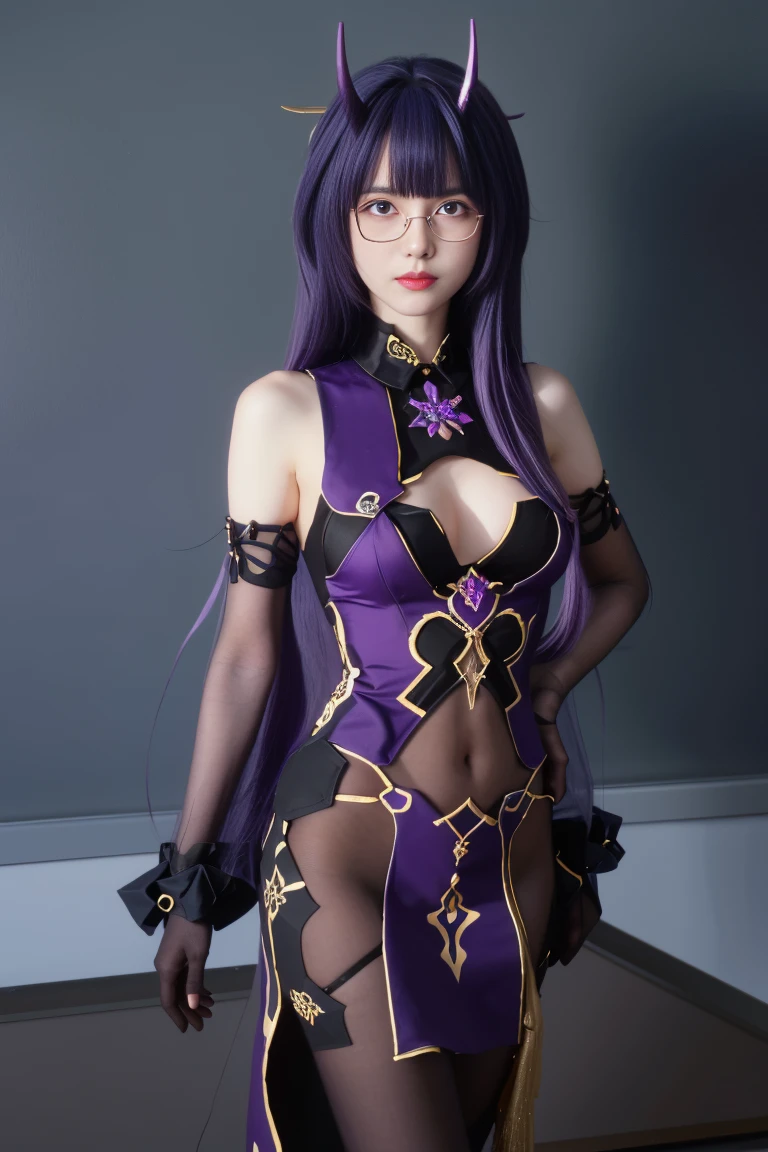 best quality, tmasterpiece,Ultra-high resolution,Clear face,(Reality:1.4),ferpect lighting,(upper body photo:1.5), (photorealistic:1.50), anime wallpaper, Guviz style artwork, cover-up fantasy up to magic , by Yang J, Guviz, beautiful artwork illustration, beautiful digital artwork, beautiful digital illustration, Li Song, beautiful anime portrait, art style in Beauvot, standing,looking at viewer,(独奏),hand on hip,
Chunlan,1girl,raiden mei,purple eyes,gloves,long hair,horns,bangs,(purple hair:1.5),chinese clothes,black footwear,hair ornament,china dress,glasses,
Indoor, simple background, looking at viwer, From above,