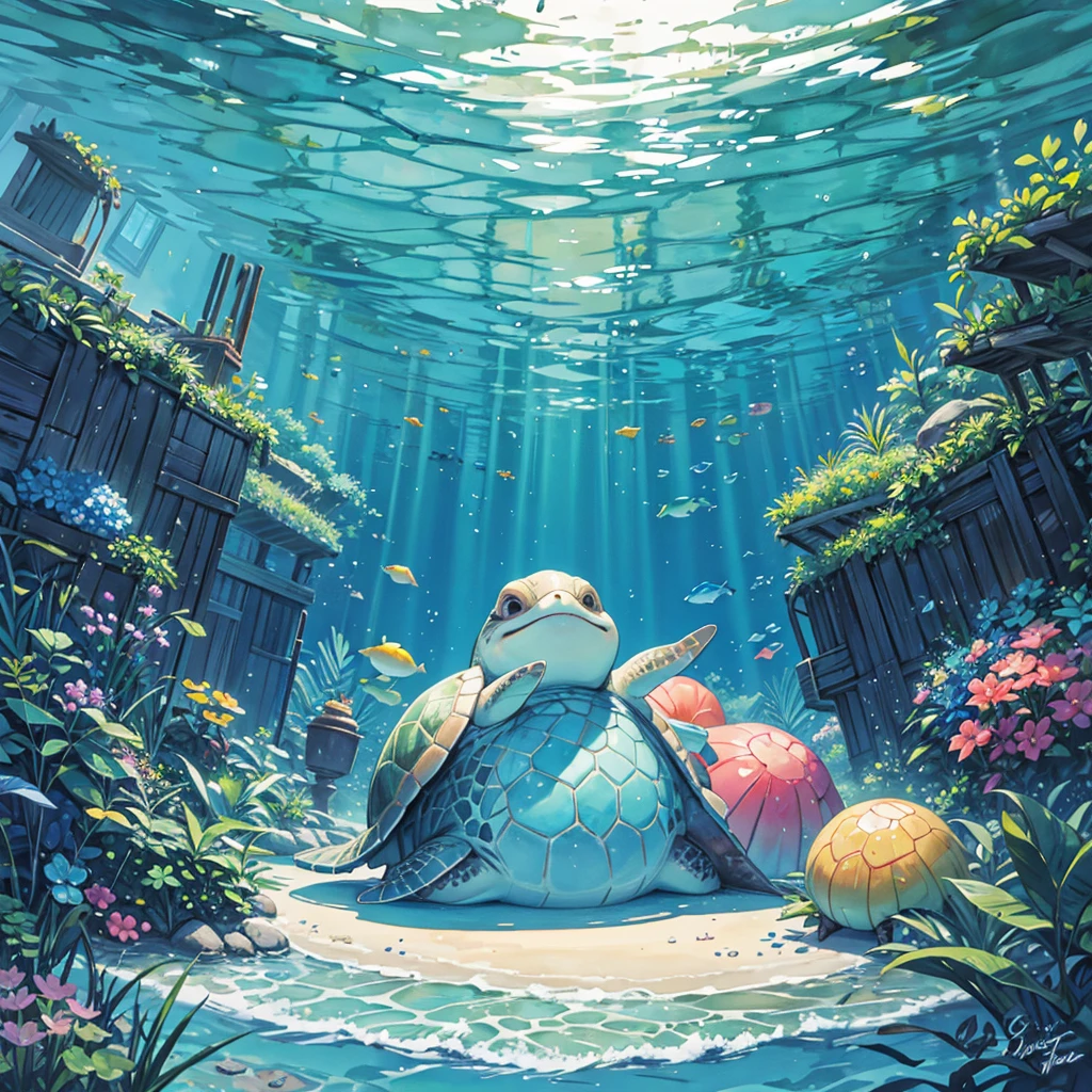 seaturtle underwater watercolor painting, very colorful, very vibrant, happy vibes