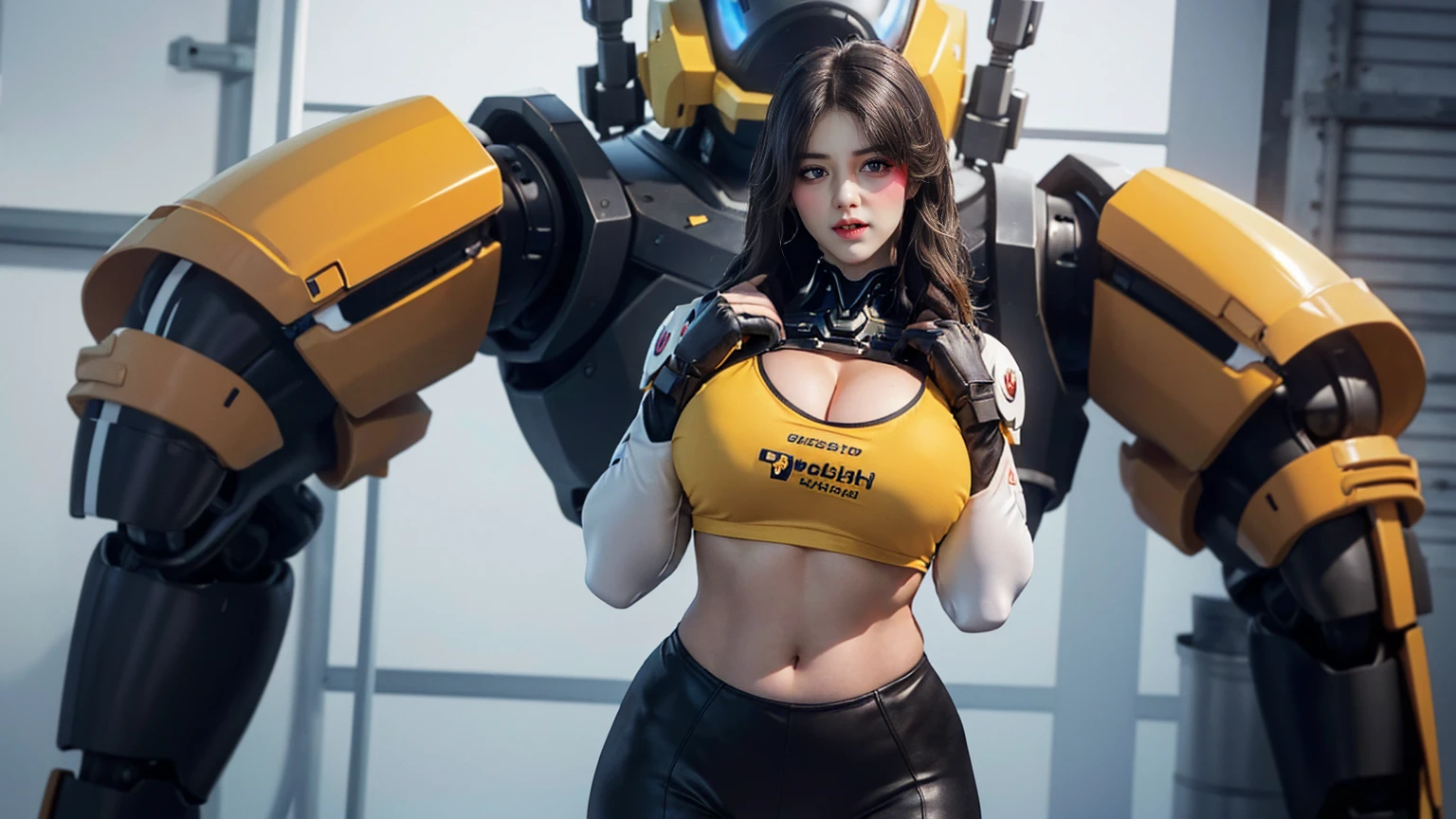 Solo, Stand Up Straight, Physically-based Rendering, Unreal Engine 5 Render, Jealous, bokeh, (look Half Body:1.5), ((muscle And Bbw Body Type:1.3)), ((cleavage+Gigantic Breast:1.5)), (expose muscle Abs:1.4), (big Hips:1.3), ((beautiful Cyborg Woman, Red Mecha Musume Girl, orange Futuristic Crop top armor+Light Yellow Mecha Body Girl from OVERWATCH 2, Guard Arms, Gloves:1.5)), (close Up Upper Body), (pale Skin+Oiled skin:1.5), (clean Glossy Bodyskin:1.4), (background Futuristic Space Station:1), (photorealsitic:1.4), (ultra-detailliert), (top-quality), (best Shadows), Bright Light In Room, Hyper Texture, (4x Msaa), ((unreal Engine 5 Render)), (neon), Physically-based Rendering, Ultra Hight Definition, 16k, 1080p, Beauty Model, 4k Resolution.