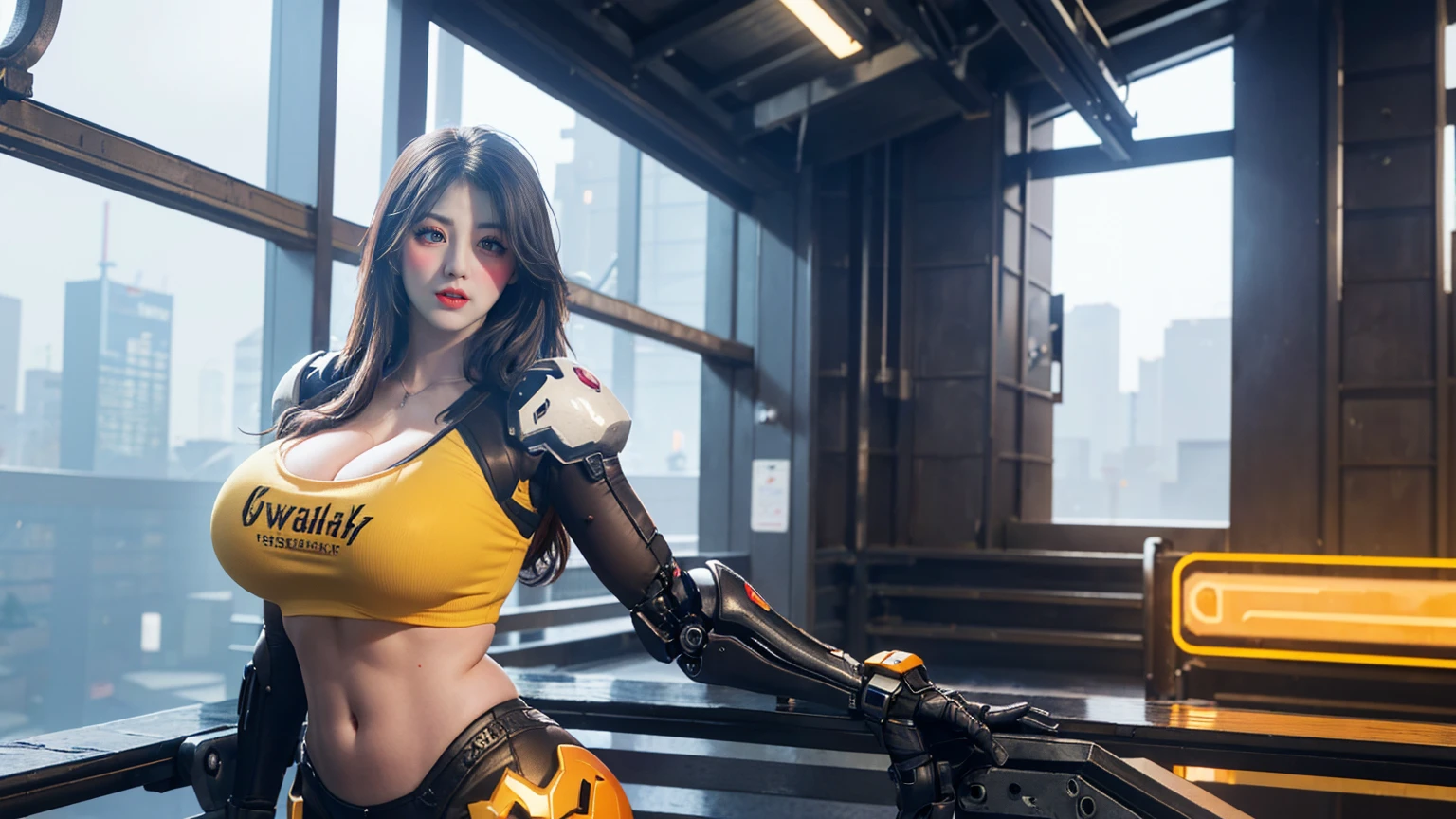 Solo, Stand Up Straight, Physically-based Rendering, Unreal Engine 5 Render, Jealous, bokeh, (look Half Body:1.5), ((muscle And Bbw Body Type:1.3)), ((cleavage+Gigantic Breast:1.5)), (expose muscle Abs:1.4), (big Hips:1.3), ((beautiful Cyborg Woman, Red Mecha Musume Girl, orange Futuristic Crop top armor+Light Yellow Mecha Body Girl from OVERWATCH 2, Guard Arms, Gloves:1.5)), (close Up Upper Body), (pale Skin+Oiled skin:1.5), (clean Glossy Bodyskin:1.4), (background Futuristic Space Station:1), (photorealsitic:1.4), (ultra-detailliert), (top-quality), (best Shadows), Bright Light In Room, Hyper Texture, (4x Msaa), ((unreal Engine 5 Render)), (neon), Physically-based Rendering, Ultra Hight Definition, 16k, 1080p, Beauty Model, 4k Resolution.