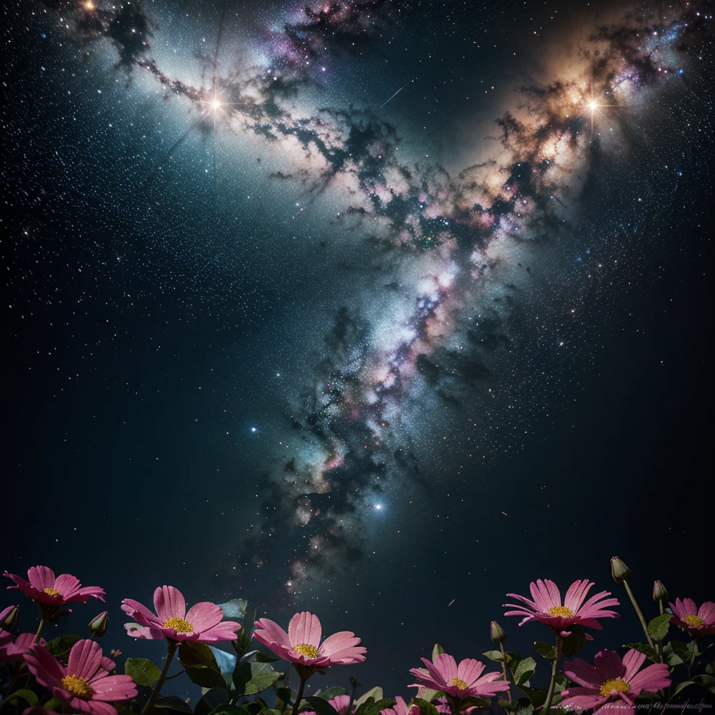 Colorful flowers with water drops, background galaxy