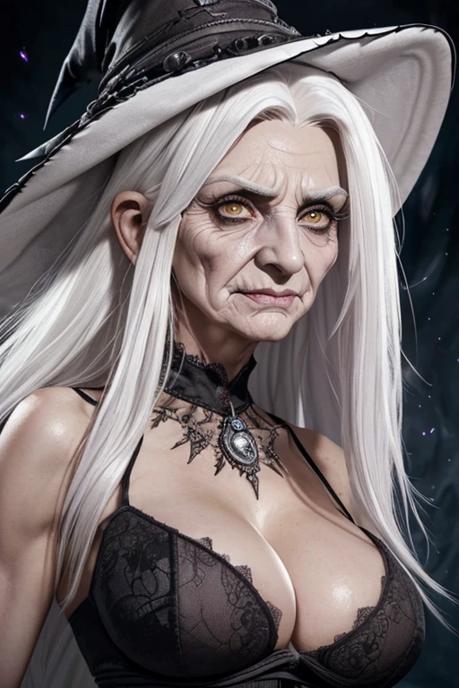 ((best quality)), ((masterpiece)), ((realistic)), (detailed), Very old frightening and scaring witch with scary eyes, (((accentuated big nose))), (((white hair))), black witch hat,  ((large breasts)), ((cleavage)), (((mad sky hallucination))), baroque maximalist, chibi by Artificial Nightmares, Tim Burton, detailed face, (((sharp eyes))), extremely detailed, photorealistic, highly detailed, organic, dynamic, ultra realistic, high definition, intricate details, crisp quality, (((old wrinkled face))) with a (young sexy body), (((upper waist shot:1.3)), shadow and light, ((crazy frightening face)), (((SFW))), (((non nude))), dressed, cleavage,