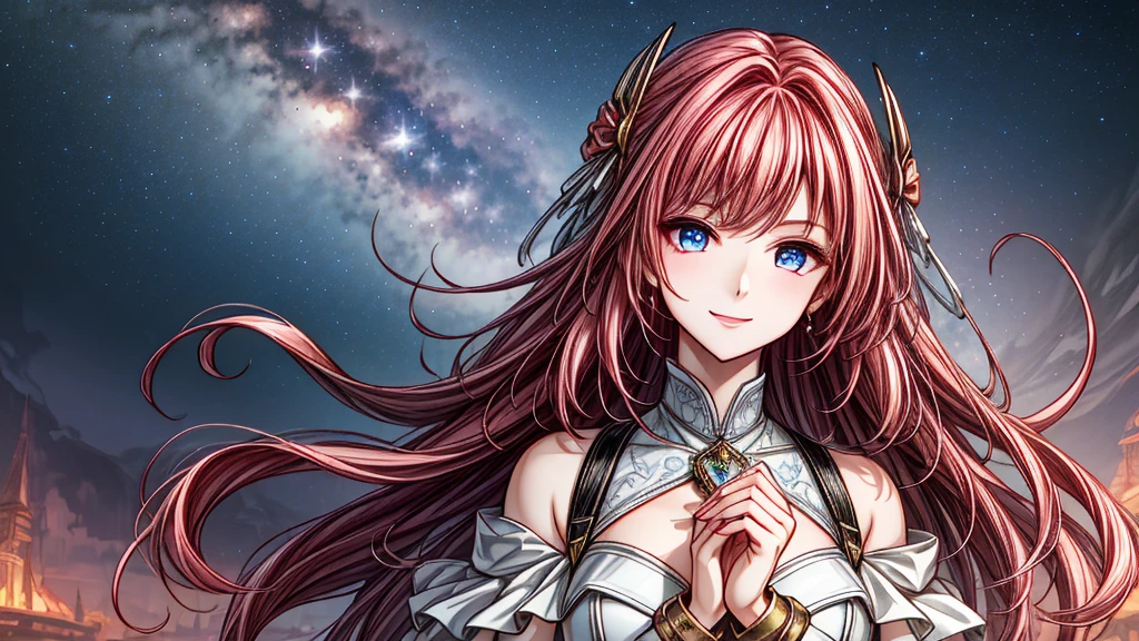 (simple hands: 0.5) + (Detailed hand: 0.7), (masterpiece), (highest quality), In white, red eye, 1 girl, Pale skin, In white, red eye, Pink Hair, eyelash, handcuffs, jewelry, smile, Glowing Skin, Shiny Hair, Detailed and magnificent scenery, Fancy, Wide range, 1 girl, Pink Hair, Night Sky, Gazing at you、A masterpiece of amazingly detailed CG illustrations, I felt better., beautiful I felt better. eye, beautiful detailed eye, eye, sparkling eye, Different colored eye, red eye, blue eye, Milky Way, nebula, (whole body), (curve)