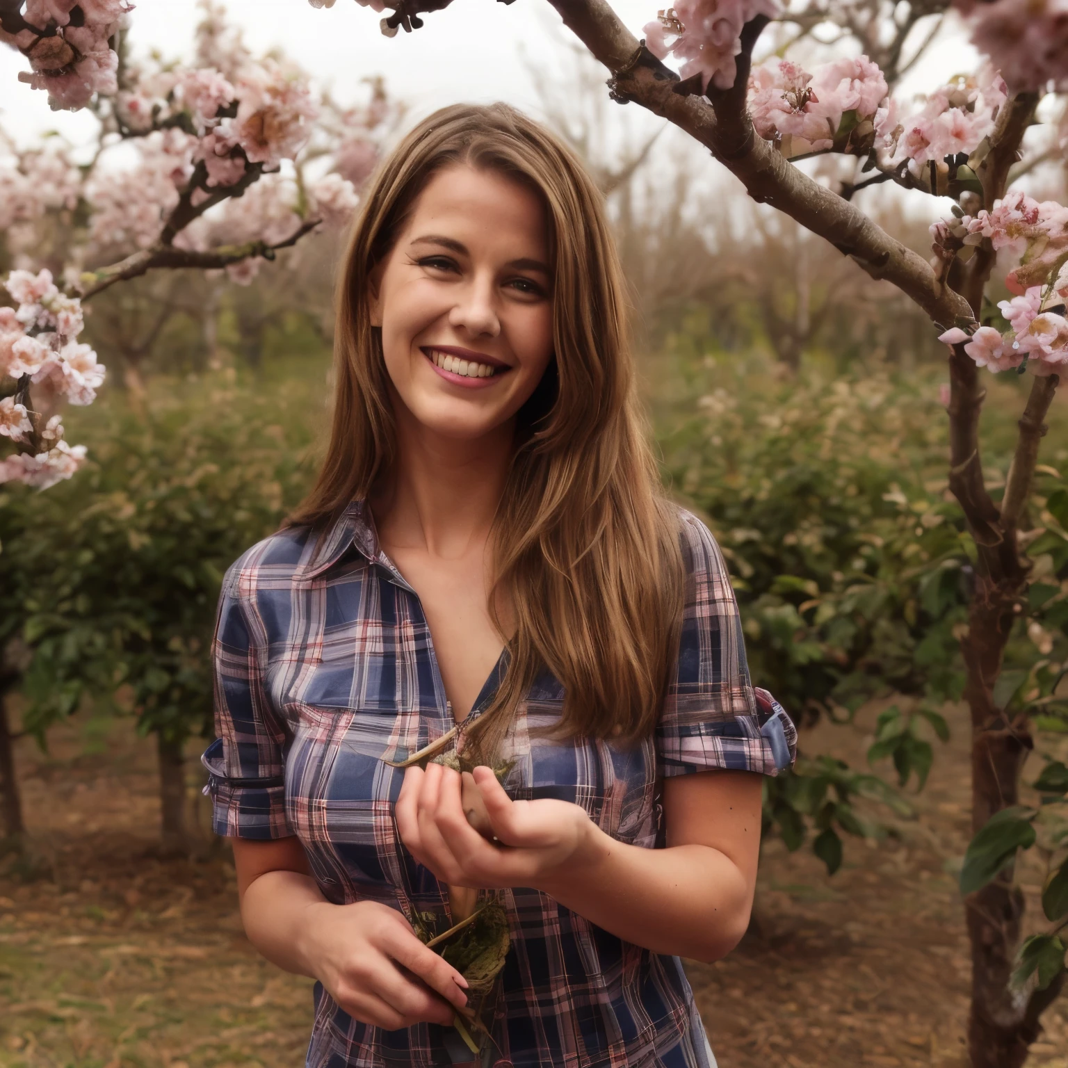 March - Pruning Fruit Trees in the Orchard
In this March calendar scene, the portrait of 1woman blond LaGermania happy curious deductive smiling captures the art of pruning fruit trees in the orchard. She stands amidst blossoming trees and scattered branches, dressed in a plaid shirt and work pants in shades of orchard green and soil brown. The shirt is adorned with roll-up sleeves and reinforced elbows, reflecting the functionality and durability of orchard work attire. LaGermania's blonde hair is styled in a messy bun, adorned with a wide-brimmed hat and safety goggles that protect her eyes while pruning. Around her, daffodils bloom at the tree bases and bees buzz among blossoms, creating a lively backdrop against the sprawling orchard. The scene features pruning shears in hand and a basket of freshly harvested fruit nearby, evoking the diligence of spring orchard maintenance. LaGermania's posture exudes expertise, one hand gripping pruning shears while the other gestures towards a well-trimmed branch. Her expression is filled with satisfaction and joy, a seductive smile hinting at the beauty of fruit tree care. This scene captures the essence of orchard pruning and seasonal blooms, with every detail from the plaid shirt to the blossoming trees meticulously described.