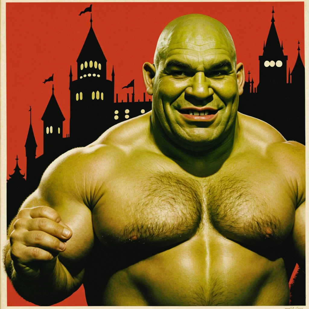 Image of Shrek based on the wrestler Maurice Tillet, make it a little scary, with period clothing from the years 1917