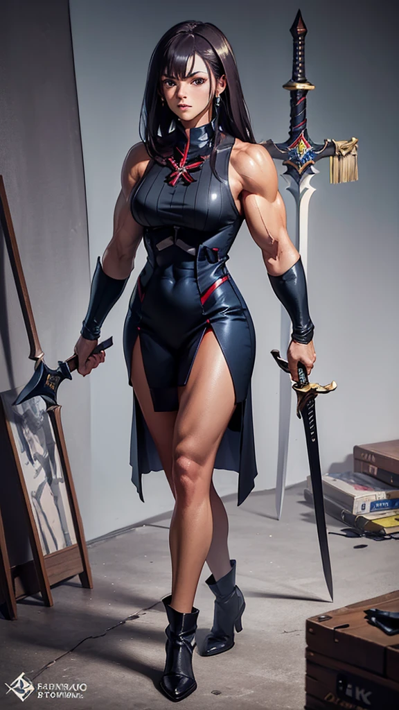 (masterpiece, 4K ,Super detailed:1.2), (anime:1), (Perfect quality), The whole body is shown, View Viewer, bodybuilder, Holding a sword, Superhero, Muscular female warrior, Muscular and ultra violent women, Powerfully々And, epic magician girl character, RPG concept art character, Dressed like a priest