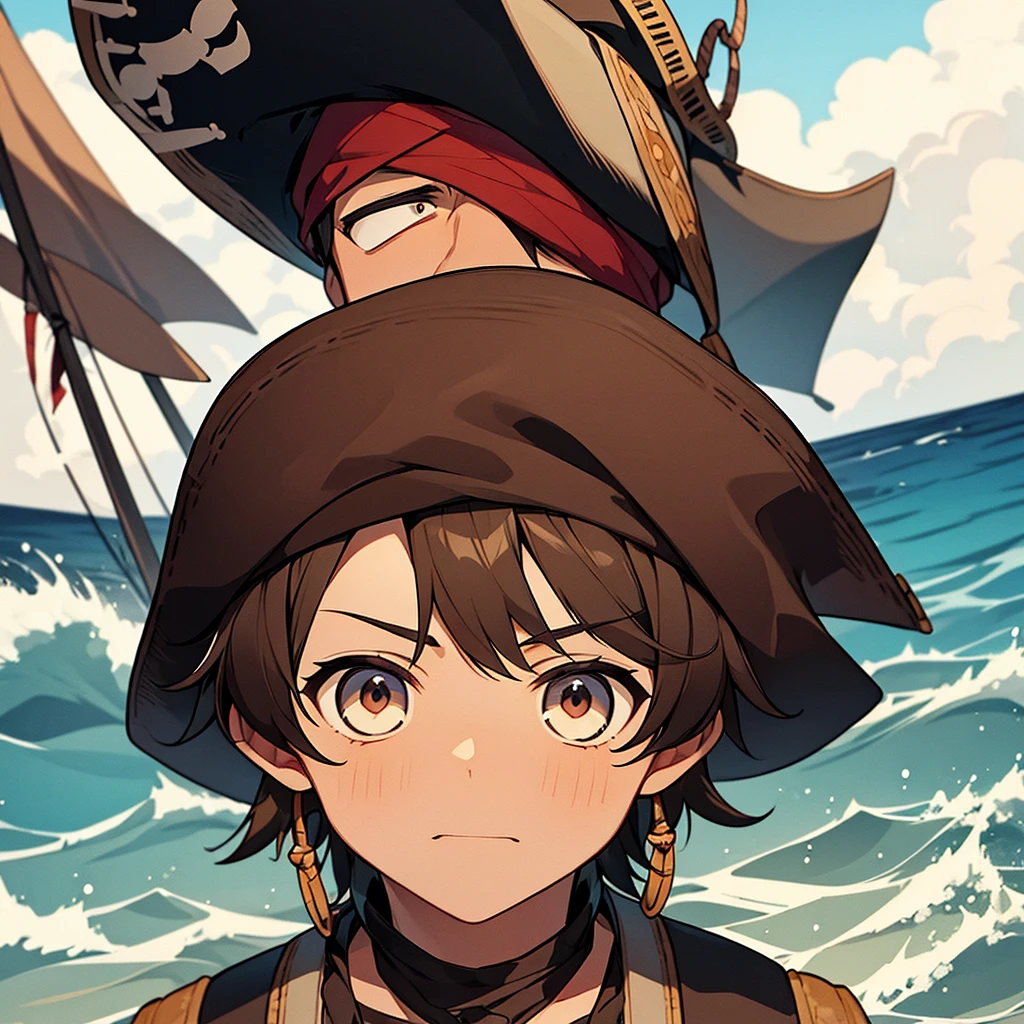 A 10 year old pirate, dressed in typical pirate costumes, His face shows an expression of fear, his eyes wide as he looks out at the choppy sea. 