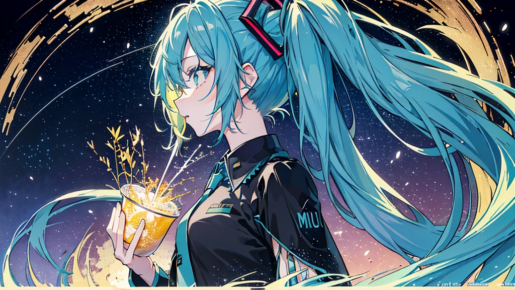 masterpiece、highest quality、highest quality,((High resolution)),(8K),((Hatsune Miku)), ((((dramatic)))、(((intense)))、official art、(1 girl:1.3)、(fractal art:1.3)、Upper body、From the side、looking at the viewer、pattern、glitch、night sky,starry sky,universe,Tastes like a movie poster with a young woman as the main character。colorfulなパーカー,He has a determined look on his face.。sparkling particles,The color palette is mainly dark colors、There are splashes of dark color,Snazzy, vibrant, Pause, front, colorful, dynamic, With background, element, majestic, coiled, surroundings, touch, scene, That&#39;s bold, to attract attention, cross ornament
