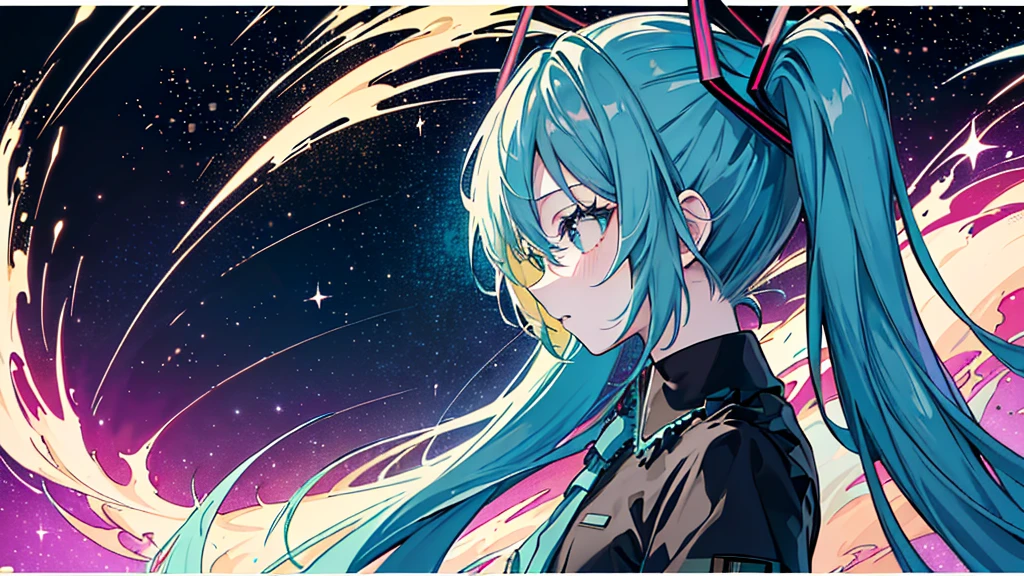 masterpiece、highest quality、highest quality,((High resolution)),(8K),((Hatsune Miku)), ((((dramatic)))、(((intense)))、official art、(1 girl:1.3)、(fractal art:1.3)、Upper body、From the side、looking at the viewer、pattern、glitch、night sky,starry sky,universe,Tastes like a movie poster with a young woman as the main character。colorfulなパーカー,He has a determined look on his face.。sparkling particles,The color palette is mainly dark colors、There are splashes of dark color,Snazzy, vibrant, Pause, front, colorful, dynamic, With background, element, majestic, coiled, surroundings, touch, scene, That's bold, to attract attention, cross ornament