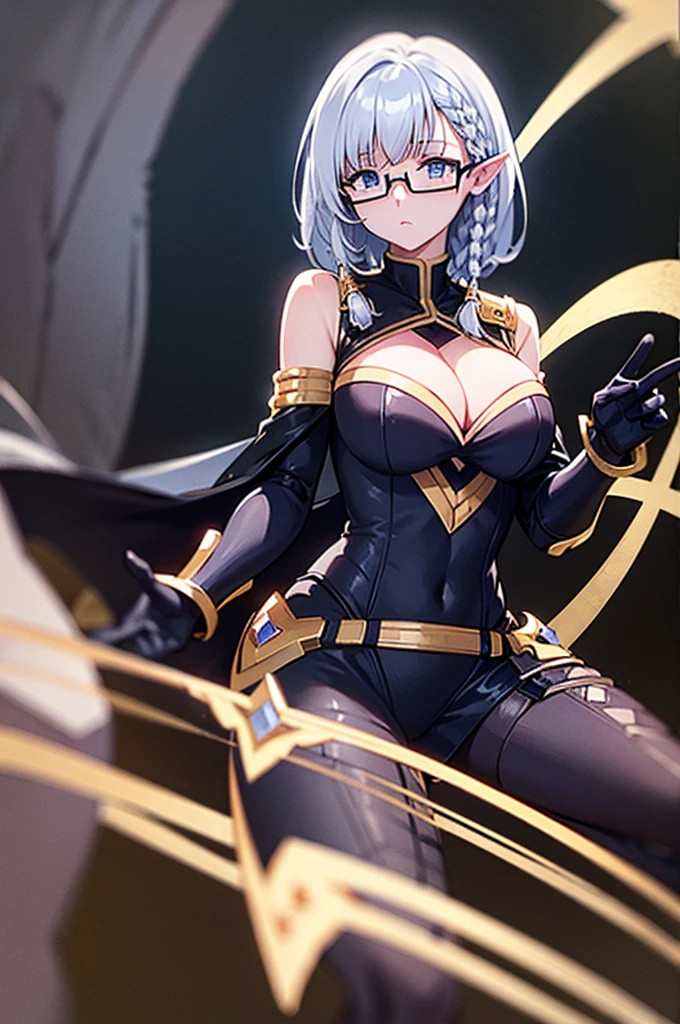 beta
cape, bodysuit, gloves, black leggings
white shirt, frills, pencil skirt, cleavage
glasses