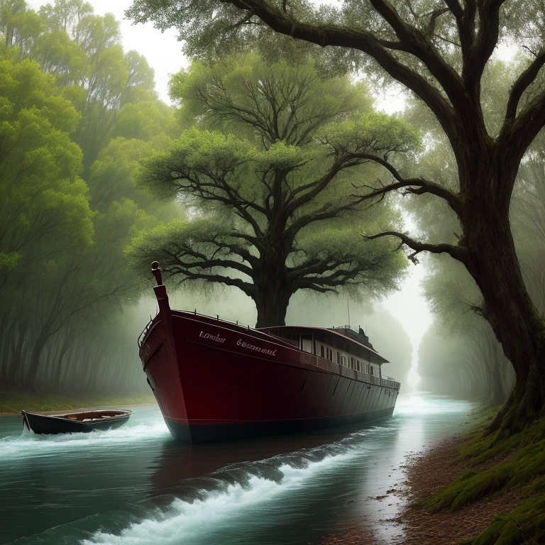 Spanish moss covered spooky trees, and in the distance - a river boat
