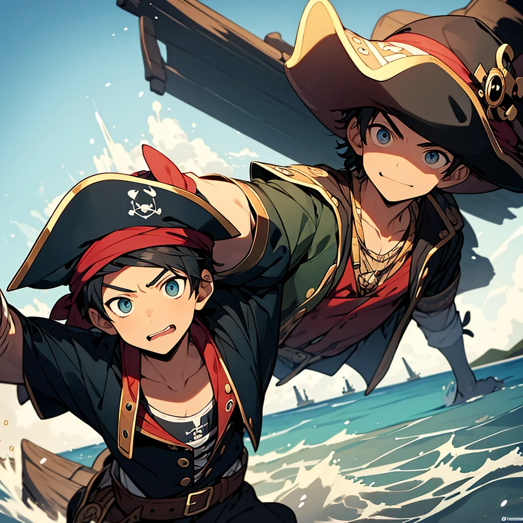 A pirate, dressed in typical pirate costumes, His face shows an expression of fear, his eyes wide as he looks out at the choppy sea.
