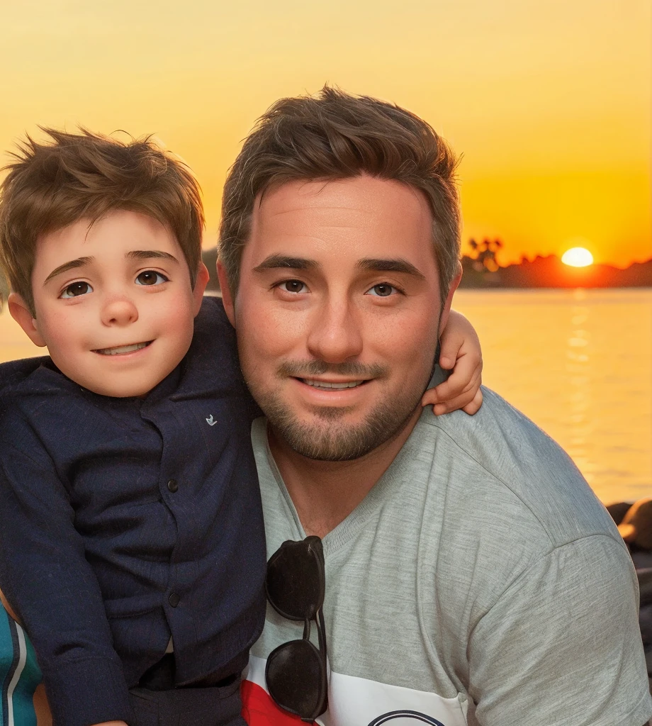 Happy father and son together at the beach during sunset