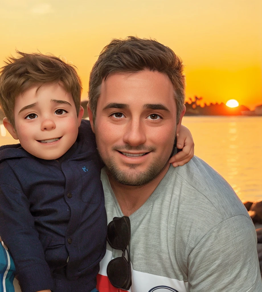 Happy father and son together at the beach during sunset