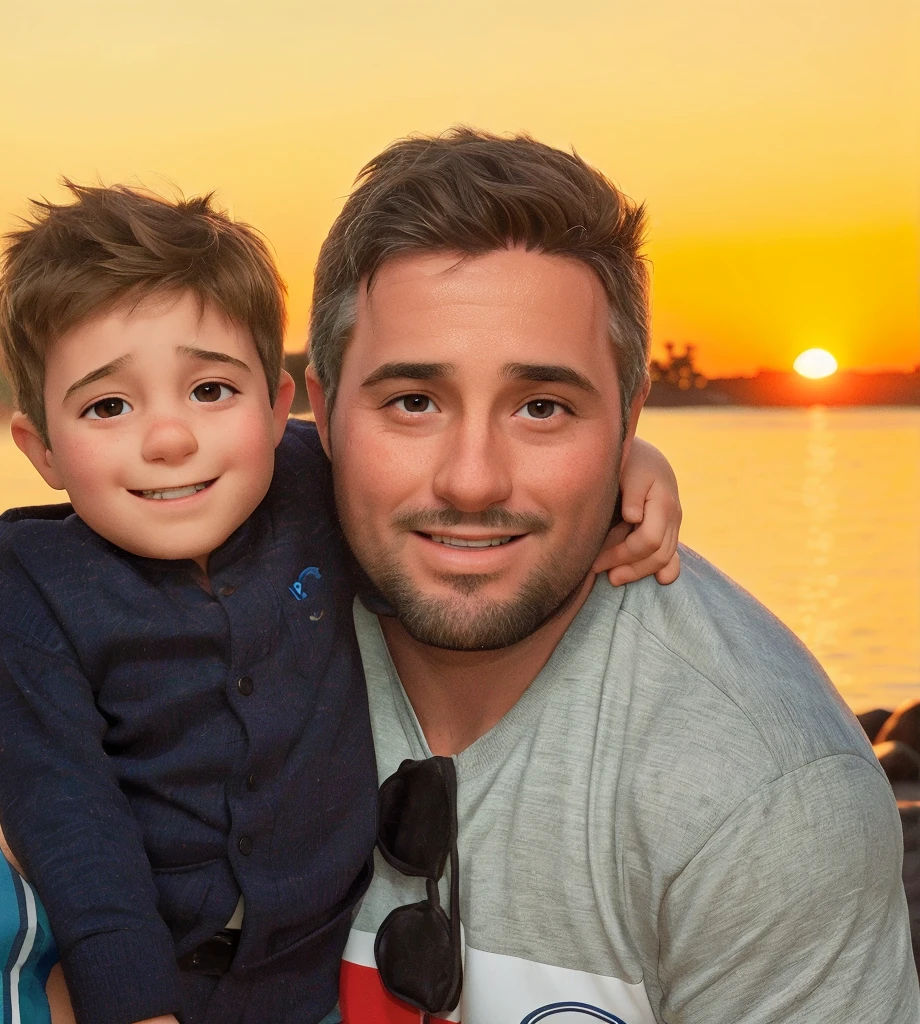 Happy father and son together at the beach during sunset