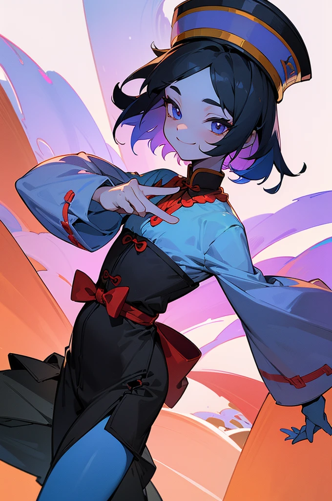Best quality, Super detailed illustration, Warm colors, perfect lighting, (boy:1.6), (the blue skin:1,6) , short tousled thick hair ,Jiangshi clothing, long sleeves, long skirt with leg cutout on the sides, open legs, Tight-fitting clothing, Guanli hat ,smug smile, Happy , a femboy, small waist, wide hips, slim, Perfect body, full length, black and lilac color of clothes