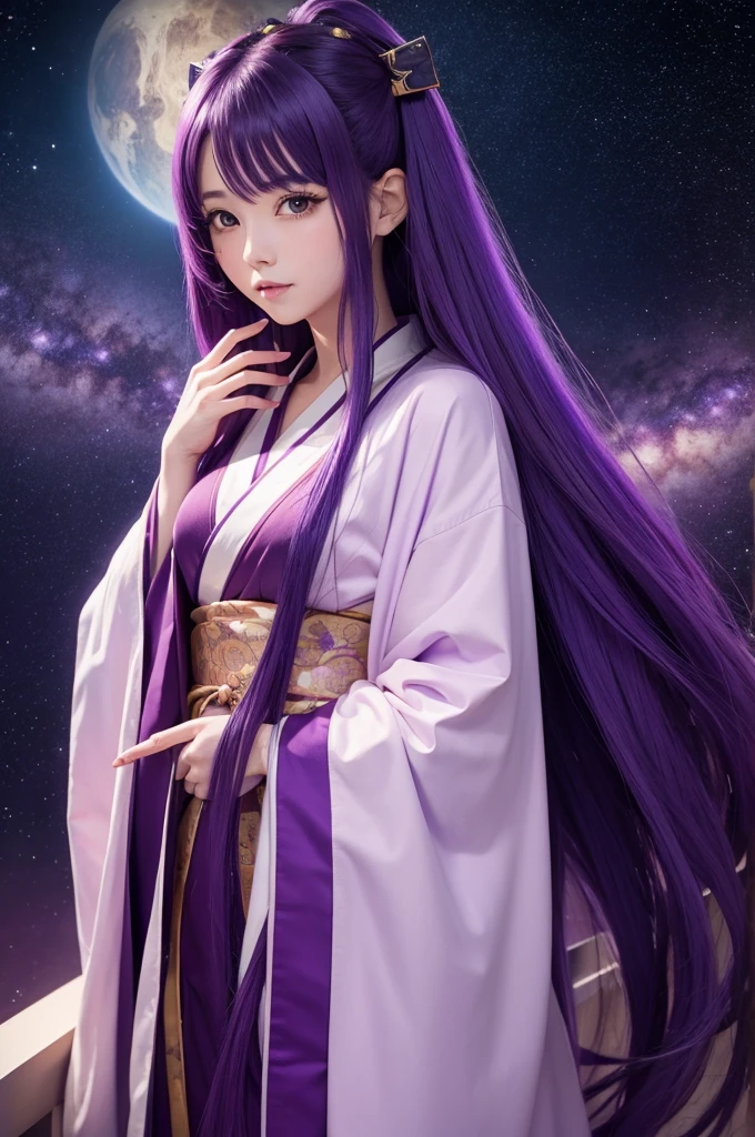 An anime girl with long cosmic purple hair, wearing a Japanese robe