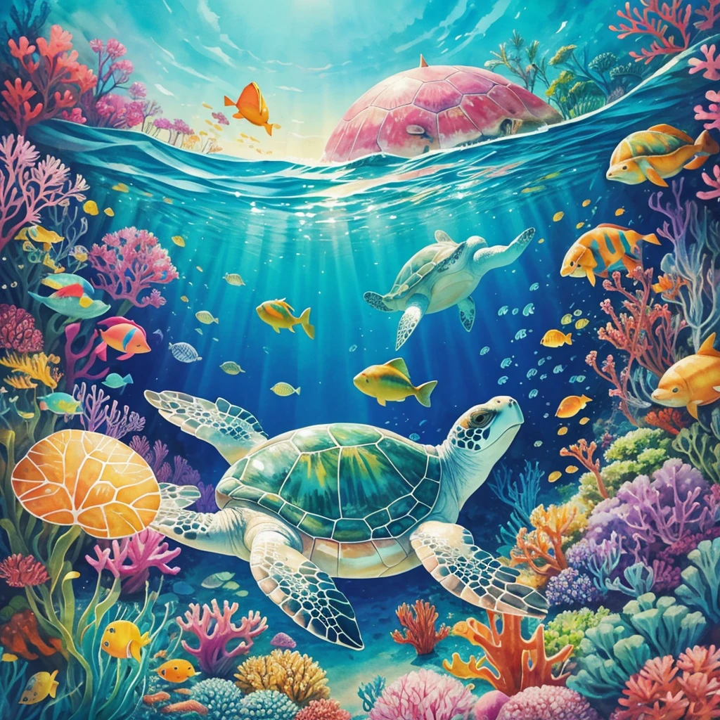 seaturtle underwater watercolor painting, very colorful, very vibrant, happy vibes, precious moments art style