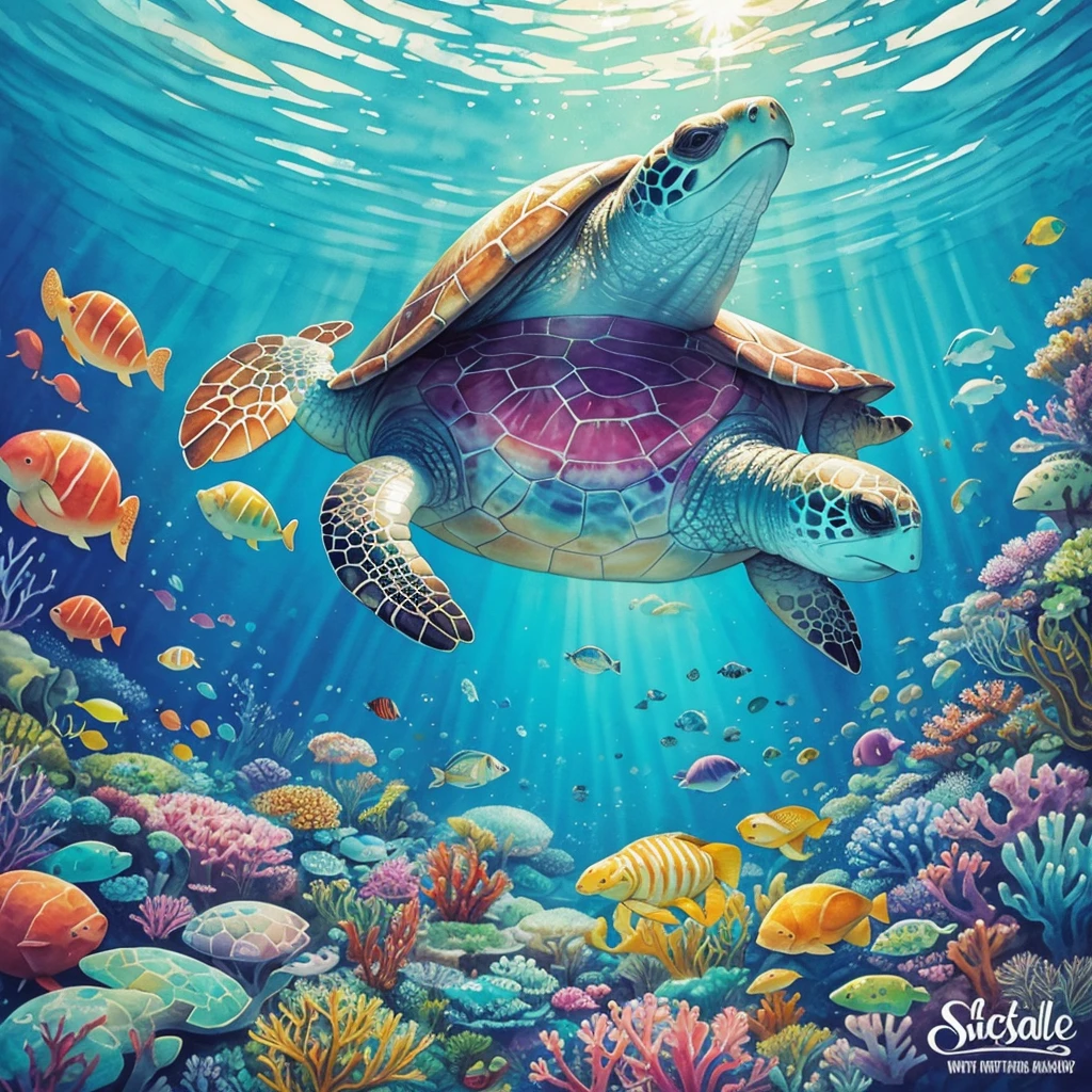 seaturtle underwater watercolor painting, very colorful, very vibrant, happy vibes, precious moments art style
