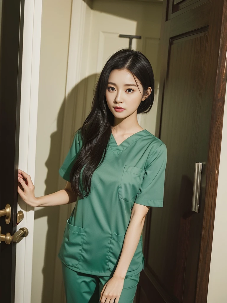 A pretty girl in scrubs stood in front of the door., walk into the house.,Medium bust,long black hair,sexually,green scrub,realistically,realistic