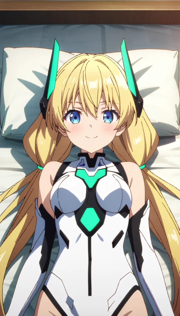 score_9, score_8_up, score_7_up, source_anime, absurdres, bedroom, 1girl, solo, angelabalzac, blonde hair, blue eyes, deva battle suit, elbow gloves, headgear, long hair, low twintails, twintails, very long hair, smile, looking at viewer, straight-on, portrait, masterpiece, best quality, very aesthetic, lying back, on bed, anime screencap, highly detailed, lighting, 8k, masterpiece, 