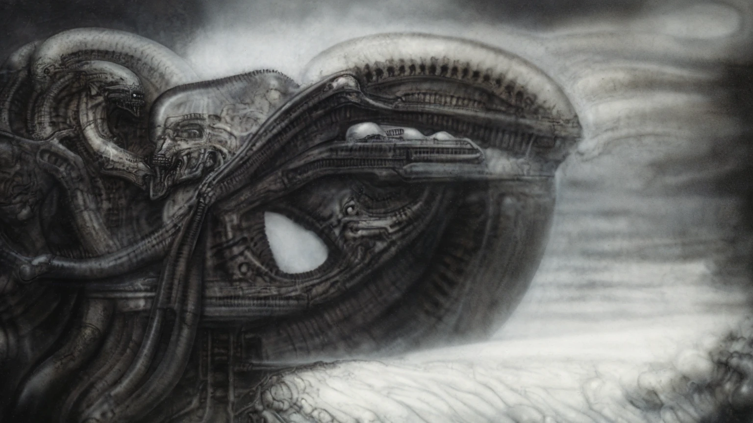 The image is a detailed view of H.R. Giger's biomechanical tableau \" Landscape XVI \" plate, featuring.
(airbrush painting, Giger's alien in front of broken alien ship in landscape, natural light, sharp focus, illustration, highly detailed, digital painting, concept art, matte, art by gric and kozhanov and moebius and Alphonse Mucha, masterpiece, HDR ,UHD , uplight, in HRGigerArhP style);1.
surrealistic painting of a monster with multiple tentacles and a body that looks like a brain, surrounded by a chaotic scene of swirling clouds and other monsters
 It's a complex network of bones and organs in eldritch color scheme:a greenish-brown hue ,swirling gery and brown colors. The artwork is silverish and green brown, with an ivory bones prominently displayed. The image is highly detailed and intricate, almost like a 3d version of a medical sketchwork.   
The piece is a tableau, most likely created with a India ink pen or pencil on paper, determined by the thin lines, shading techniques, and the texture of the paper, which is visible around the edges.
Used is pen, given the shading and variations in line weight visible in the image. Artist have used a variety of stylus with different degrees of hardness to achieve the shading effects.
 The use of undersaturated green-grays dark contrasts creates a stark and graphic look. Is used a variety of linework techniques to create different textures. Fine, parallel lines create a smooth, metallic texture,while thicker, more cursive lines suggest cables or wires.
Light source from the top highlights skeletals, pper part of foreground, lower part of image is in shadowupper part of foreground, lower part of image is in shadow.
The art performance showcases the artist’s skills in observation and rendering. The level of detail in the piece suggests a close study of real bone specimens and mechanics. The artist has skillfully used shading techniques to create a convincing illusion of three-dimensionality on a flat surface. The wrinkles 