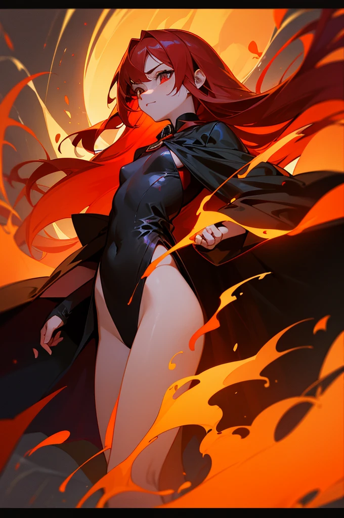 13 year old girl、he is short、small breasts、girl with long orange red hair、flat chest、Wrapped in deep red flame、hair covering right eye、Black Witch Clothes、Looks like a villain with a town background,face that happened.And she burns red, make a fireball on your hand