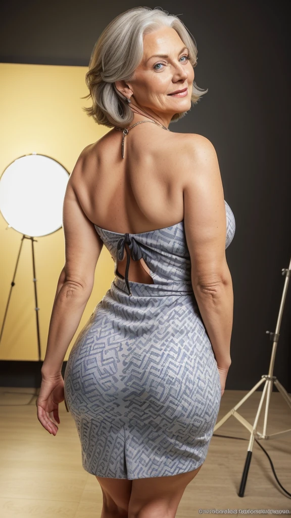 1 mature woman in, age60, Solo, medium casual hair, Bob hair, curvy body, Looking at Viewer, grey hair, Bare shoulders, Brown eyes, jewely, Full body, a necklace, off shoulders, (wearing elegant patterned yellow dress tie tube), Distant photo, Realistic, A sexy one, beautiful colour, Perfect skin, 3 bust size, instagram (Realistic, A high resolution),photo size 3:4, 1 cute sexy mature woman, large expressive blue eyes, happy, (8K, raw photo, Best quality, High detail, curvaceous forms, curvy body, seductive pose, in the studio Foto with three ports lighting, with black wall background her back is turned to the photographer. 