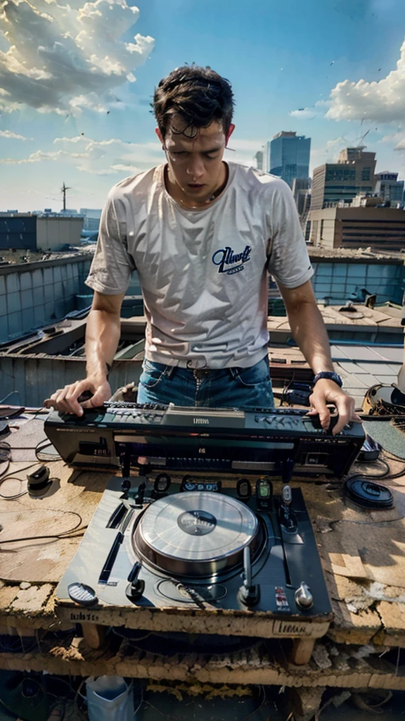 (masterpiece, best quality:1.2), 1man, solo, PLAY A MUSIC DJ ON THE ROOFTOP, Photoreal, highest quality, High resolution, RAW photo, realistic、32K