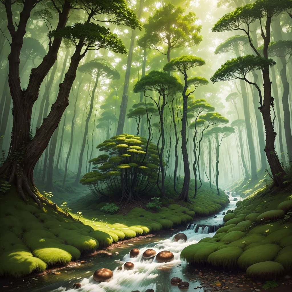 Forest with green mushrooms with a small river
