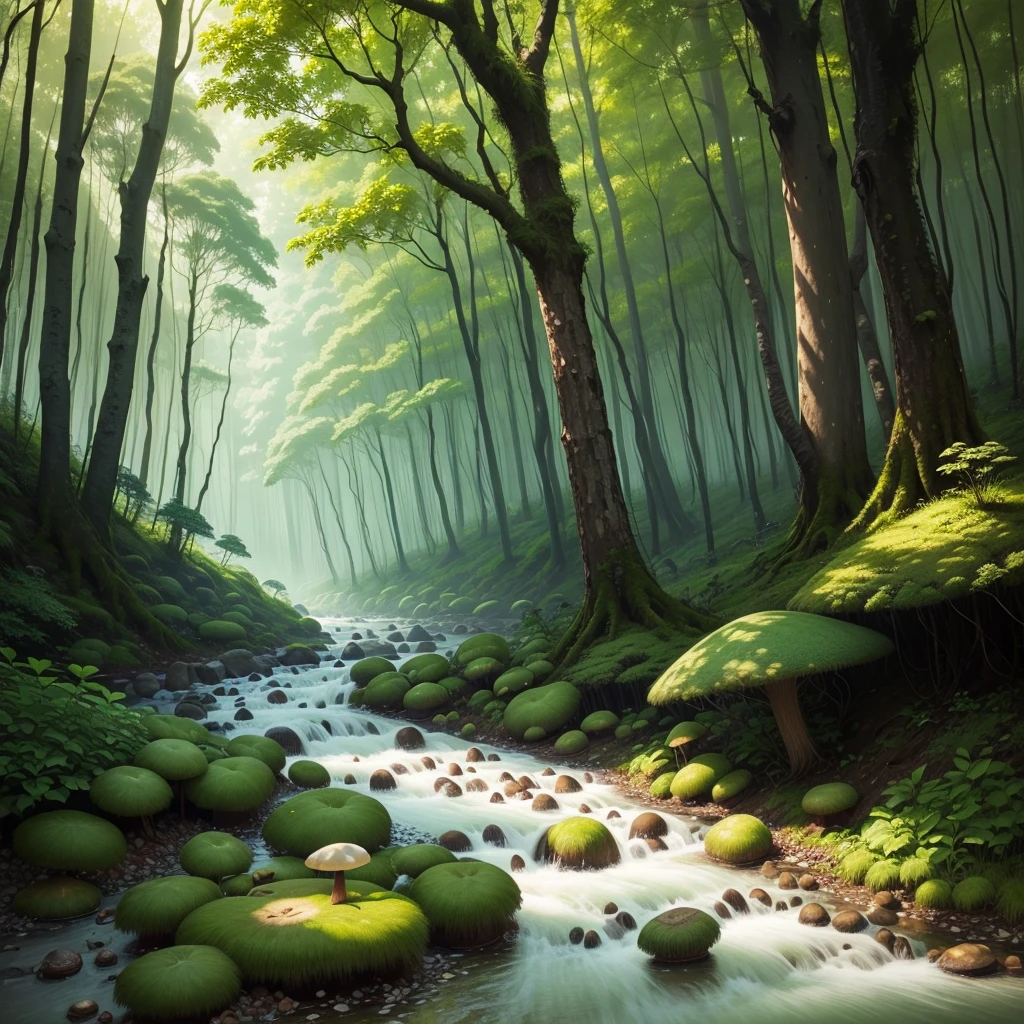 Forest with green mushrooms with a small river