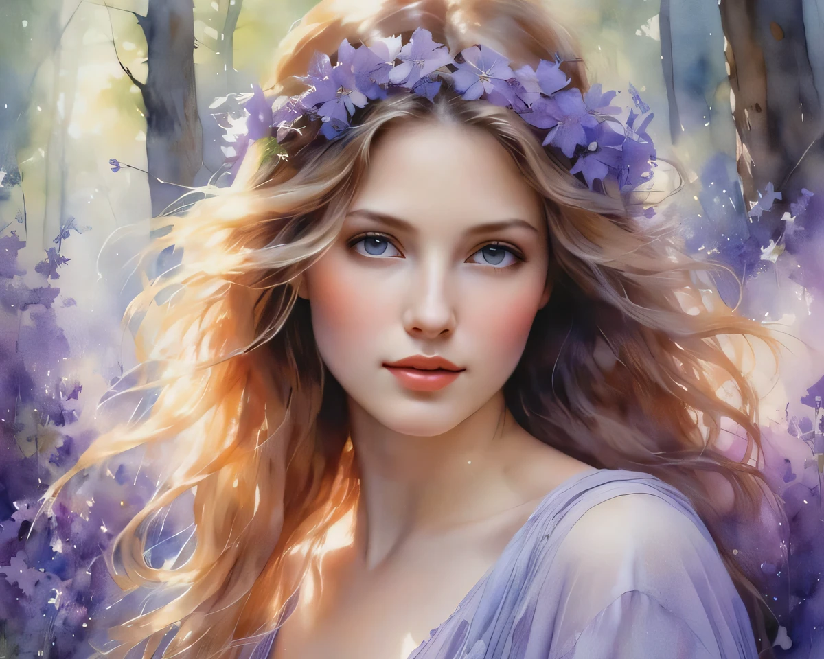 Painting of a beautiful woman with flowers in her hair - SeaArt AI