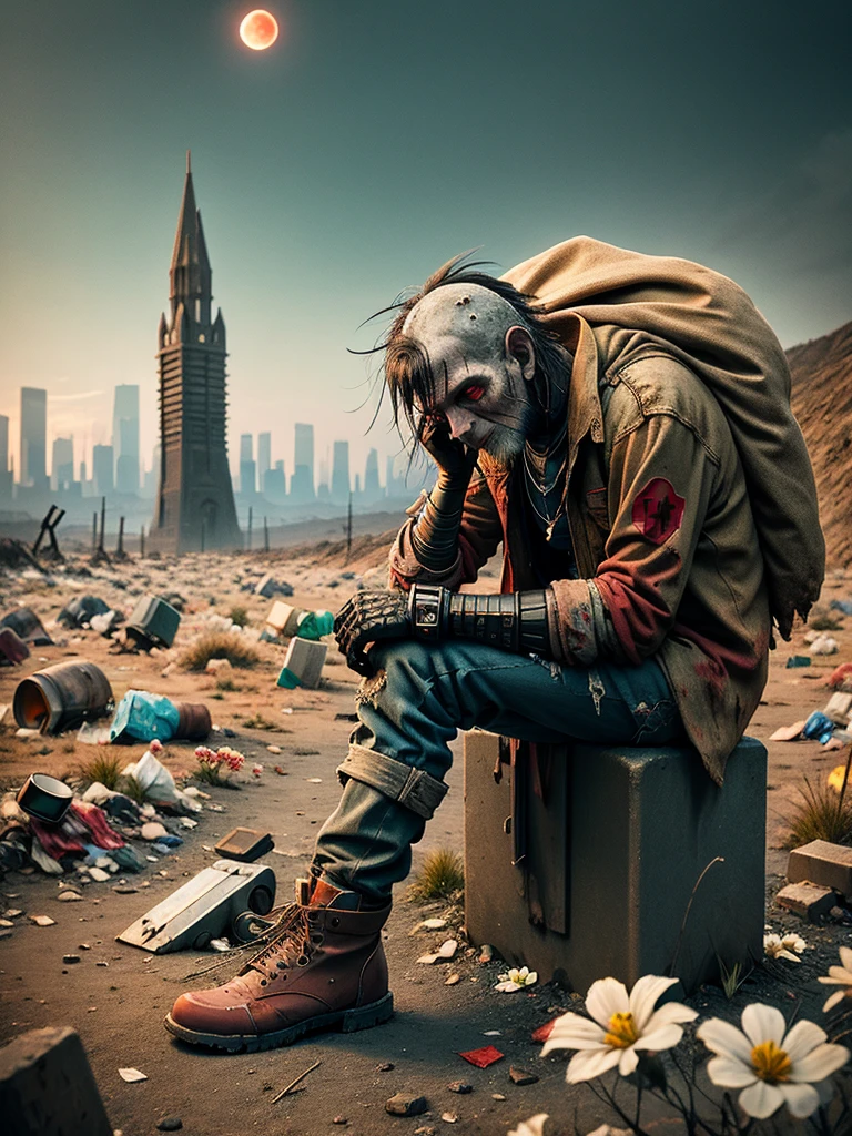 wasteland,A very poor old mech sitting on a rock thinking,Thinker,Hand on cheek,(Sitting:1.2),rust,Wearing tattered red armor,The skyline in the distance,Gothic,moss,A small white flower,Cemetery,Gothic Church,Blood red moon,Gothic Elements,wildfires,cold,gloomy
