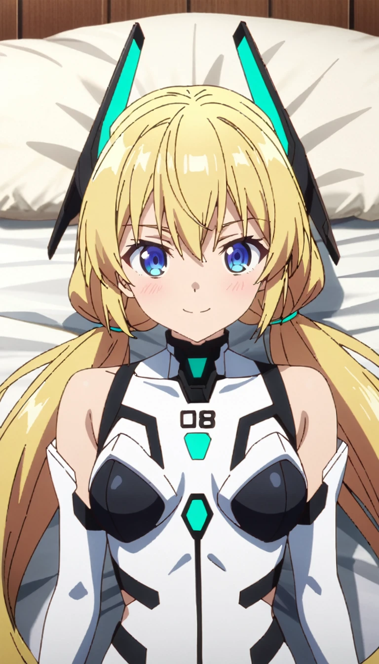 score_9, score_8_up, score_7_up, source_anime, absurdres, bedroom, 1girl, solo, angelabalzac, blonde hair, blue eyes, deva battle suit, elbow gloves, headgear, long hair, low twintails, twintails, very long hair, smile, looking at viewer, straight-on, portrait, masterpiece, best quality, very aesthetic, lying back, on bed, anime screencap, highly detailed, lighting, 8k, masterpiece, 