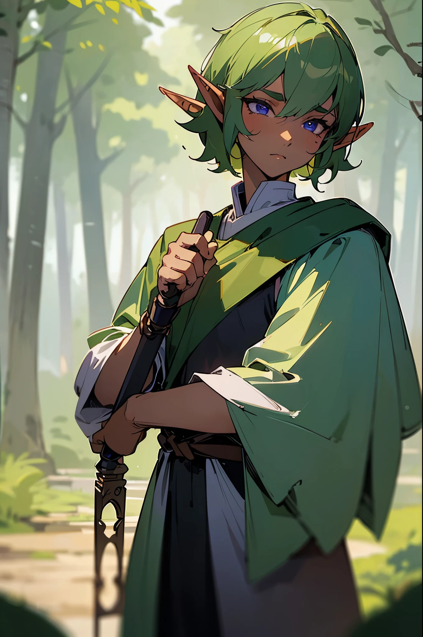 (masterpiece, Best quality, ultra high resolution, wallpaper, amazing), (Guy Elf:1.4), dark skin, femboy, Thick short hair, Blurred vision, lilac eyes, Cute face, On a forest road in the rain, beautiful and detailed face, detailed eyes, Priest's Attire, DND style