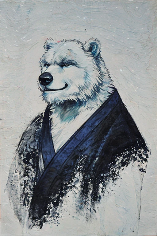 [(white background:1.5),::5],(style of Fu Baoshi),(high quality, high resolution, masterpiece),(Face focus),blue eyes,portrait,light smile,(by fffffffolder),1boy,[polar bear],[white bear],masterpiece,best quality,illustration,style of Fu Baoshi,traditional Chinese ink painting,ink wash painting,chinese ink,detailed eyes,detailed fur texture,bokeh,xiangyun pattern,swordsman,Beef,beefcake,bodybuilder,hunk,muscular,beefy,tough,light smile,
((open) dark blue | patterned chinese_clothes with xiangyun pattern),traditional Chinese male attire,hanfu,changshan,warrior robes,pastel colors,anime style,mixed ink and color,artistic blend,dynamic lighting,elegant lines,fluid brushstrokes,soft gradients,gentle contrasts,dark facial hair,male focus,cyan_eyes,chinese monochrome ink,god_rays,
looking_up,available light,Tyndall effect,looking_ahead,face closeup,
dusk,against backlight at dusk,huge halo in the background,