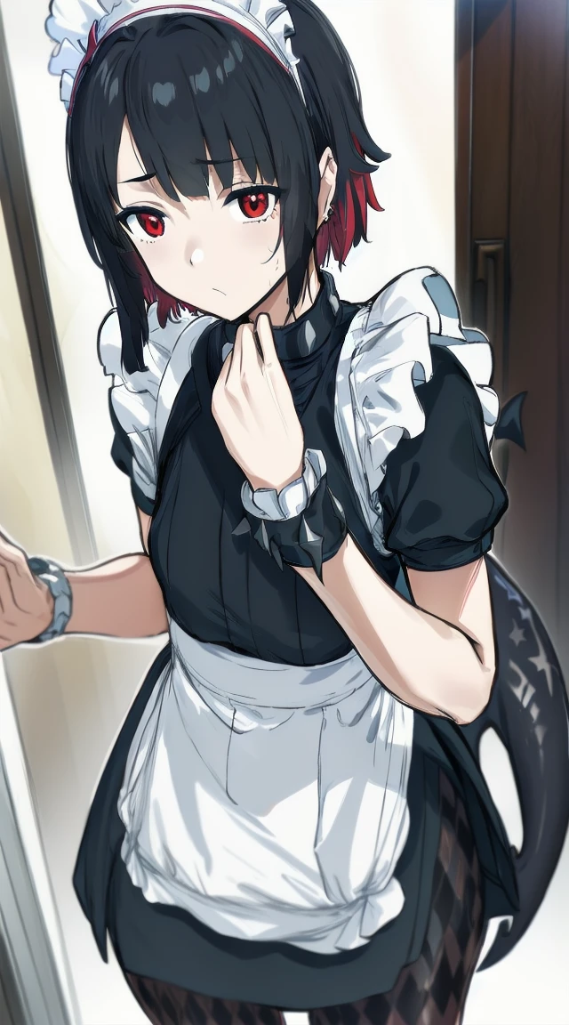 1girl,((black hair))
BREAK ((ellen joe, black hair, colored inner hair, multicolored hair, (red eyes:1.3), red hair, short hair, two-tone hair:1))
BREAK ((apron, black pantyhose, black shirt, black skirt, ear piercing, fins, fish tail, maid, maid apron, maid headdress, pantyhose, piercing, puffy short sleeves, puffy sleeves, shark girl, shark tail, shirt, short sleeves, skirt, tail, two-tone hair, wrist cuffs,,:1.4))
BREAK indoors,
BREAK looking at viewer, 
BREAK (masterpiece:1.2), best quality, high resolution, unity 8k wallpaper, (illustration:0.8), (beautiful detailed eyes:1.6), extremely detailed face, perfect lighting, extremely detailed CG, (perfect hands, perfect anatomy),